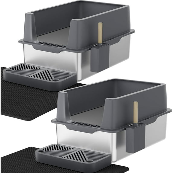 Stainless Steel Litter Box with Lid, 2 Pack XL Metal Cat Litter Box with Removable High Sided Enclosed, Foot Pedal & Scoop & Litter Mat for Big Cats, Anti-Urine Leakage, Non-Stick Bottom