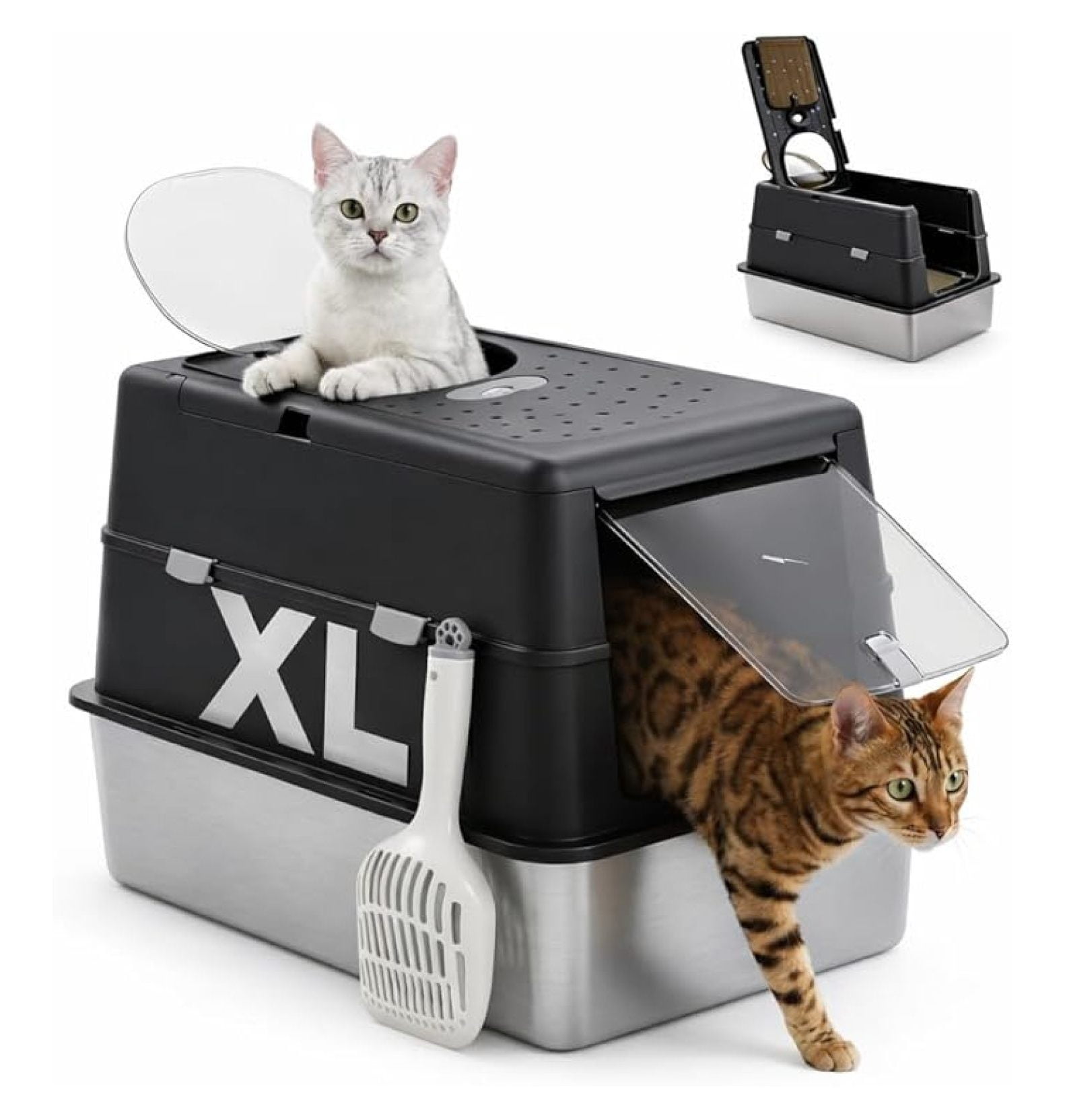 Stainless Steel Litter Box with Lid, Anti-Leak & Odor Free Enclosed Box, XL Extra Large High Sided for Big Cats, Front Top Dual Entry, Includes (Black)