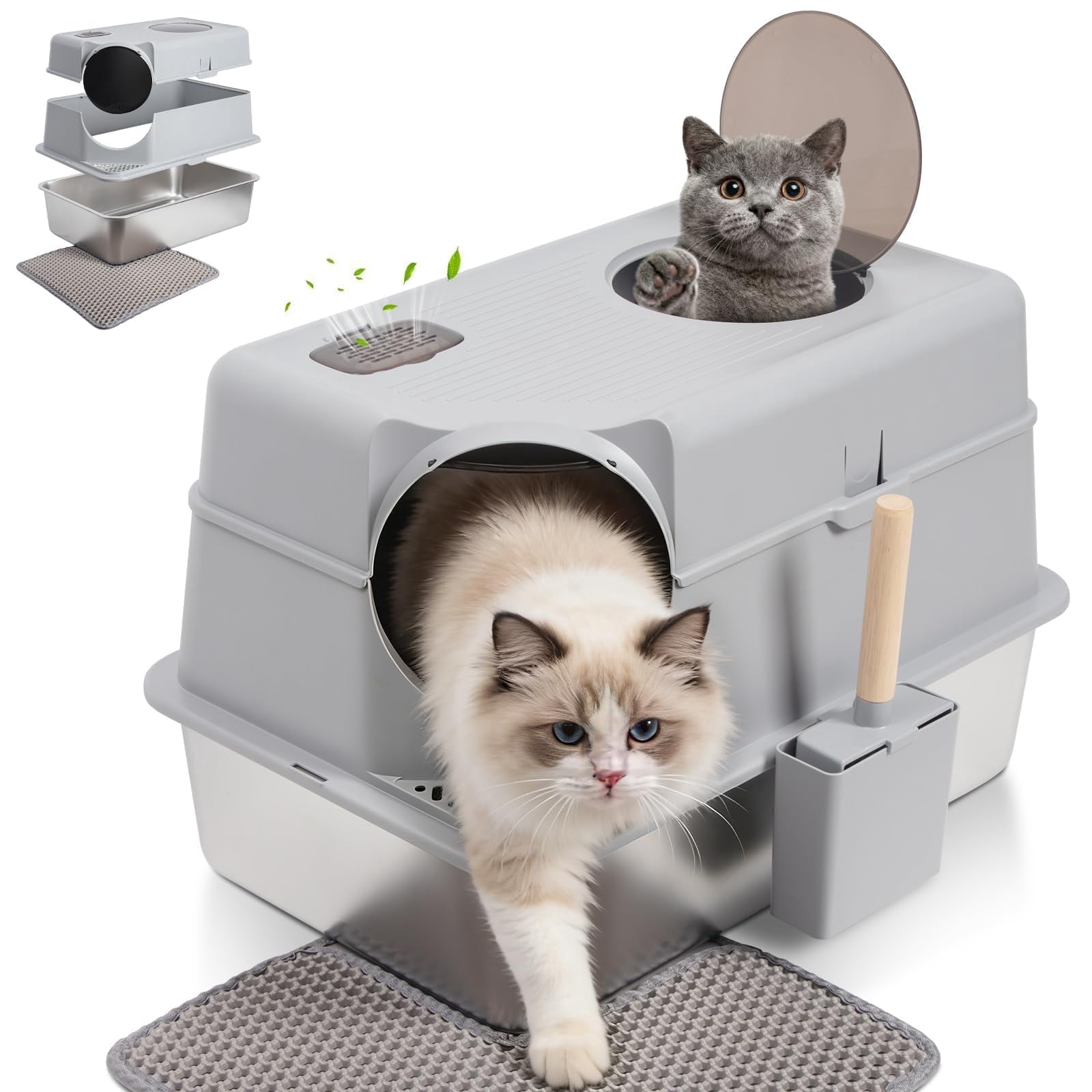 Stainless Steel Litter Box With Lid  Extra Large Enclosed Cat For Big Cats Metal High Sided Enclosure & Scoop Front Top Entry Odor Free Anti-leakage Grey