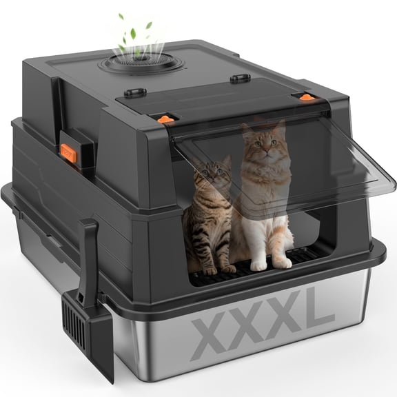 Stainless Steel Litter Box with Lid, Extra Large Enclosed Metal Cat Box, Front Entry Top Exit Kitty Litter Box with Litter Scoop and Litter Mat, Black