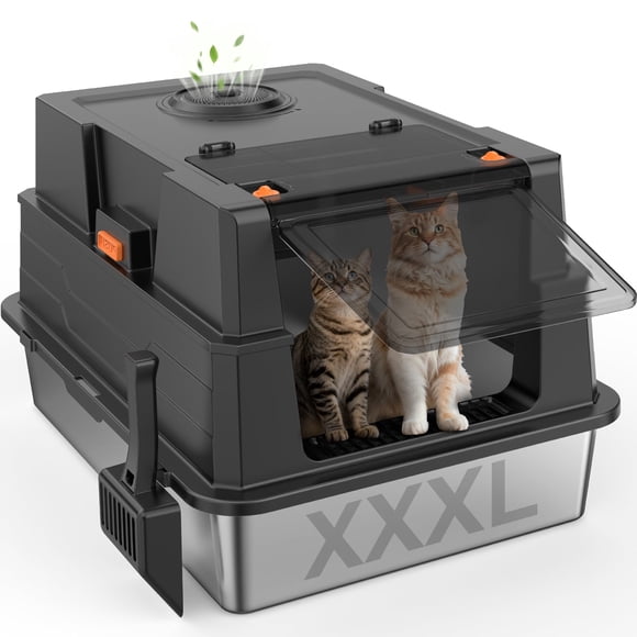 Stainless Steel Litter Box with Lid, Extra Large Enclosed Metal Cat Box, Front Entry Top Exit Kitty Litter Box with Litter Scoop and Litter Mat, Black