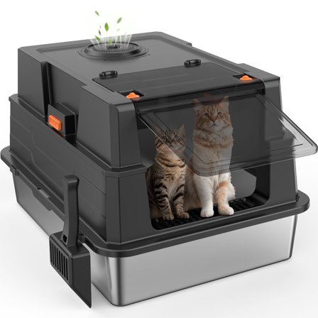 Stainless Steel Litter Box with Lid, Extra Large Enclosed Metal Cat Box, Front Entry Top Exit Kitty Litter Box with Litter Scoop and Litter Mat, Black
