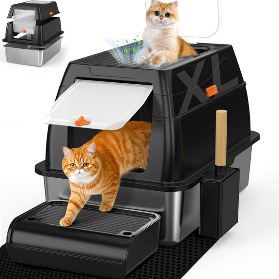Stainless Steel Litter Box with Lid, Extra Large Metal Covered Litter Box, Stainless Box Easy Clean, Activated Charcoal Odor Control Design, Includes Litter Scoop & Mat & Step
