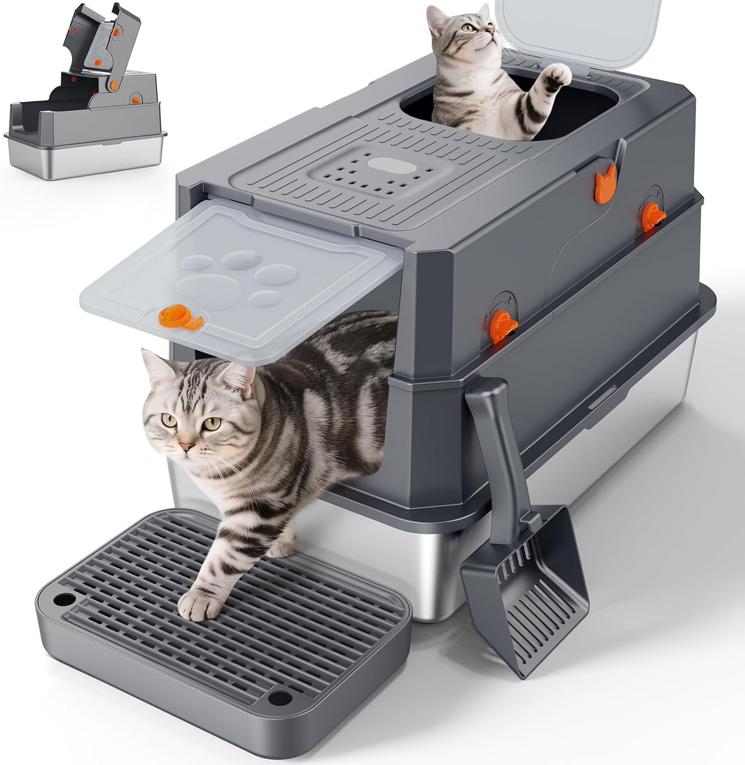 Stainless Steel Litter Box with Lid, Large Enclosed Cat Litter Box for Big Cats, Metal Cat Box with High Sided Enclosure & Scoop, Front & Top Entry, Odor Free, Anti-Leakage, Grey