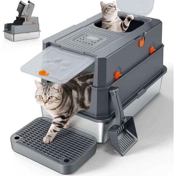 Stainless Steel Litter Box with Lid, Large Enclosed Litter Box for Big Cats, Metal Box with High Sided Enclosure & Scoop, Front & Top Entry, Odor Free, Anti-Leakage, Grey