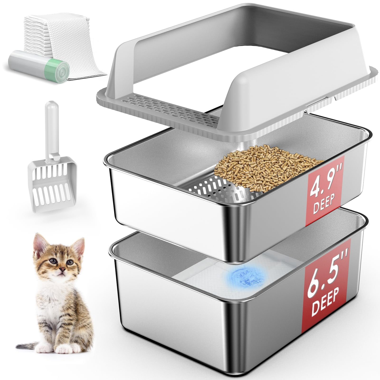Stainless Steel Litter Box With Lid  Sifting For Pine Pellets 17.3"*13.4"*10.5" Enclosed Metal Boxes Small Cats & Kittens High Sided Anti-leakage Easy Cleaning Less Tracking