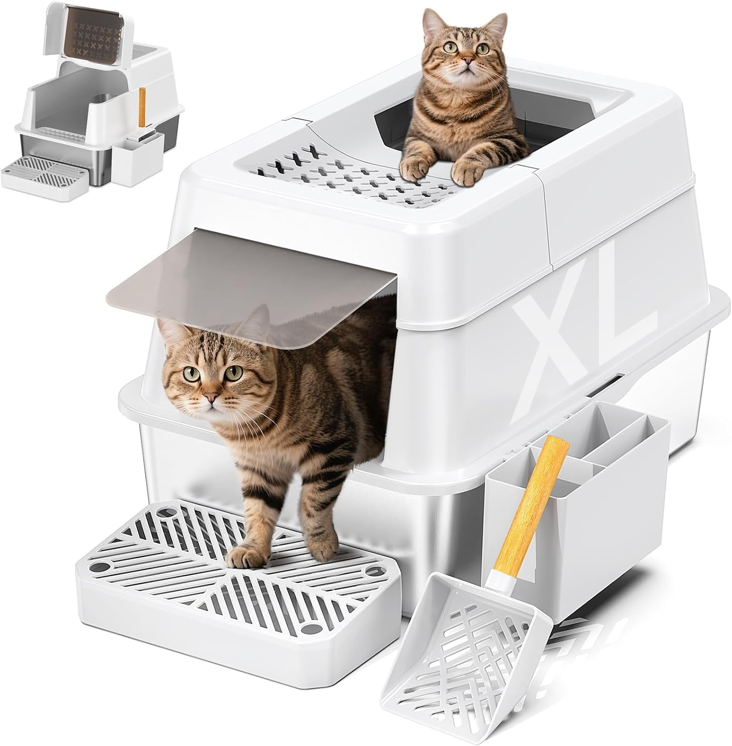 Stainless Steel Litter Box with Lid, XL Closed Metal Litter Box Modular Design with Flip Lid Fits All Cats, Extra Large Covered High Sided Cat Box, Scoop, Non-Sticky, Easy Cleaning (White)