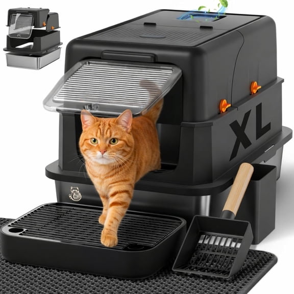 Stainless Steel Litter Box with Lid - XL Enclosed Litter Box for Cats with Collecting Mat - 4 Way Setup Fully Closed, Semi Low, High & Open Kitty Boxes, Leak Proof Metal LitterBox (Black)