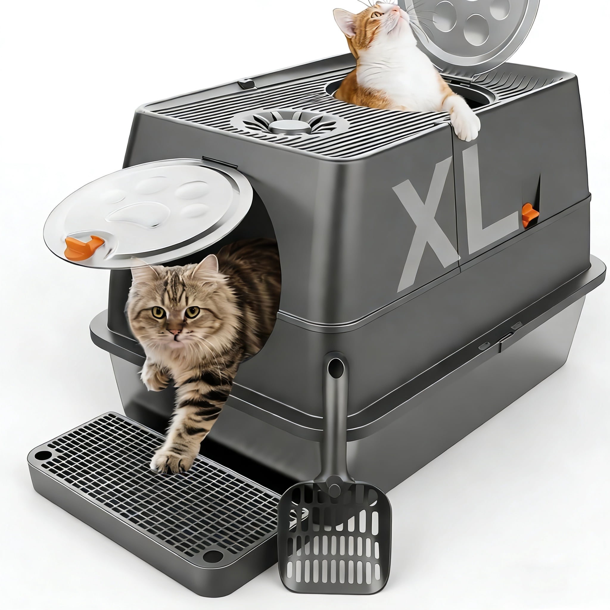 Stainless Steel Litter Box with Lid, XL Extra Large Cat Litter Box Enclosure, Front & Top Entry Covered Metal Cat Box with Steps & Scoop, Easy Cleaning