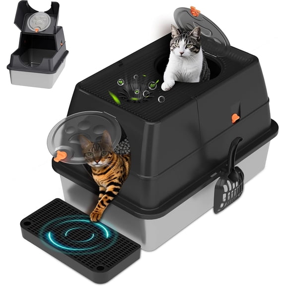 Stainless Steel Litter Box with Lid, XL Extra Large Cat Litter Box Enclosure, Front & Top Entry Covered Metal Cat Box with Steps & Scoop, Easy Cleaning