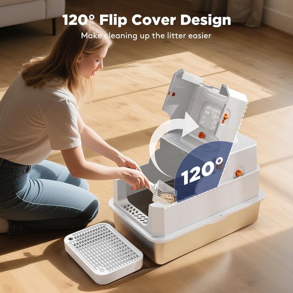 Stainless Steel Litter Box with Lid, XL Extra Large Enclosed Cat Litter Box for Big Cats, Metal Cat Box with High Sided Enclosure & Scoop, Front & Top Entry, Odor Free, Anti-Leakage, Silver