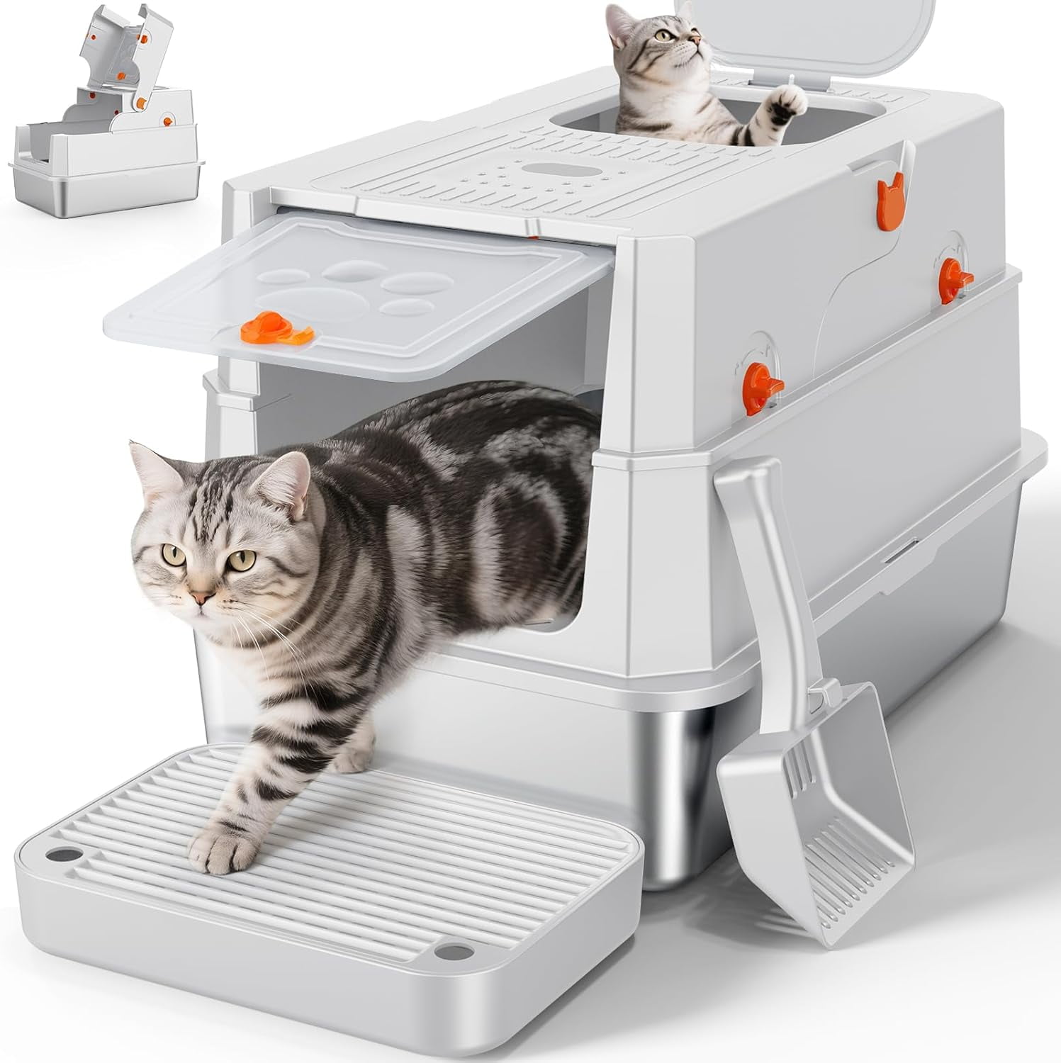 Stainless Steel Litter Box with Lid, XL Extra Large Enclosed Cat Litter Box for Big Cats, Metal Cat Box with High Sided Enclosure & Scoop, Front & Top Entry, Odor Free, Anti-Leakage, Silver
