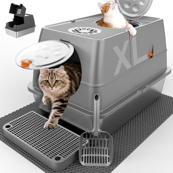 Stainless Steel Litter Box with Lid, XL Extra Large Litter Box, Enclosed Top Entry Metal Litterbox for Big Cat, Easy Cleaning, Anti-Leakage & High Sided with Mat, Aisle & Scoop, Pink