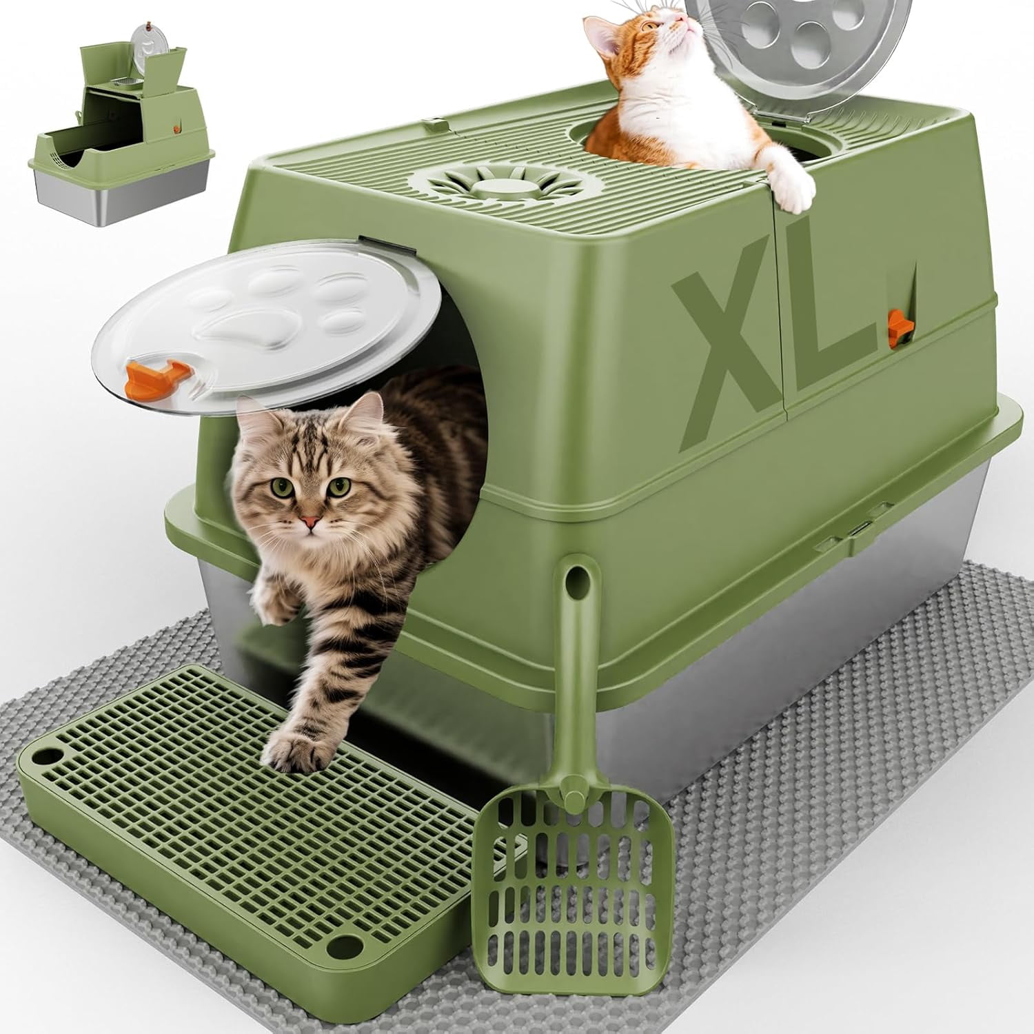 Stainless Steel Litter Box with Lid XL Extra Large Litter Box Enclosed Top Entry Metal Litterbox for Big Cats Easy Cleaning Anti-Leakage & High Sided with Mat Aisle & Scoop