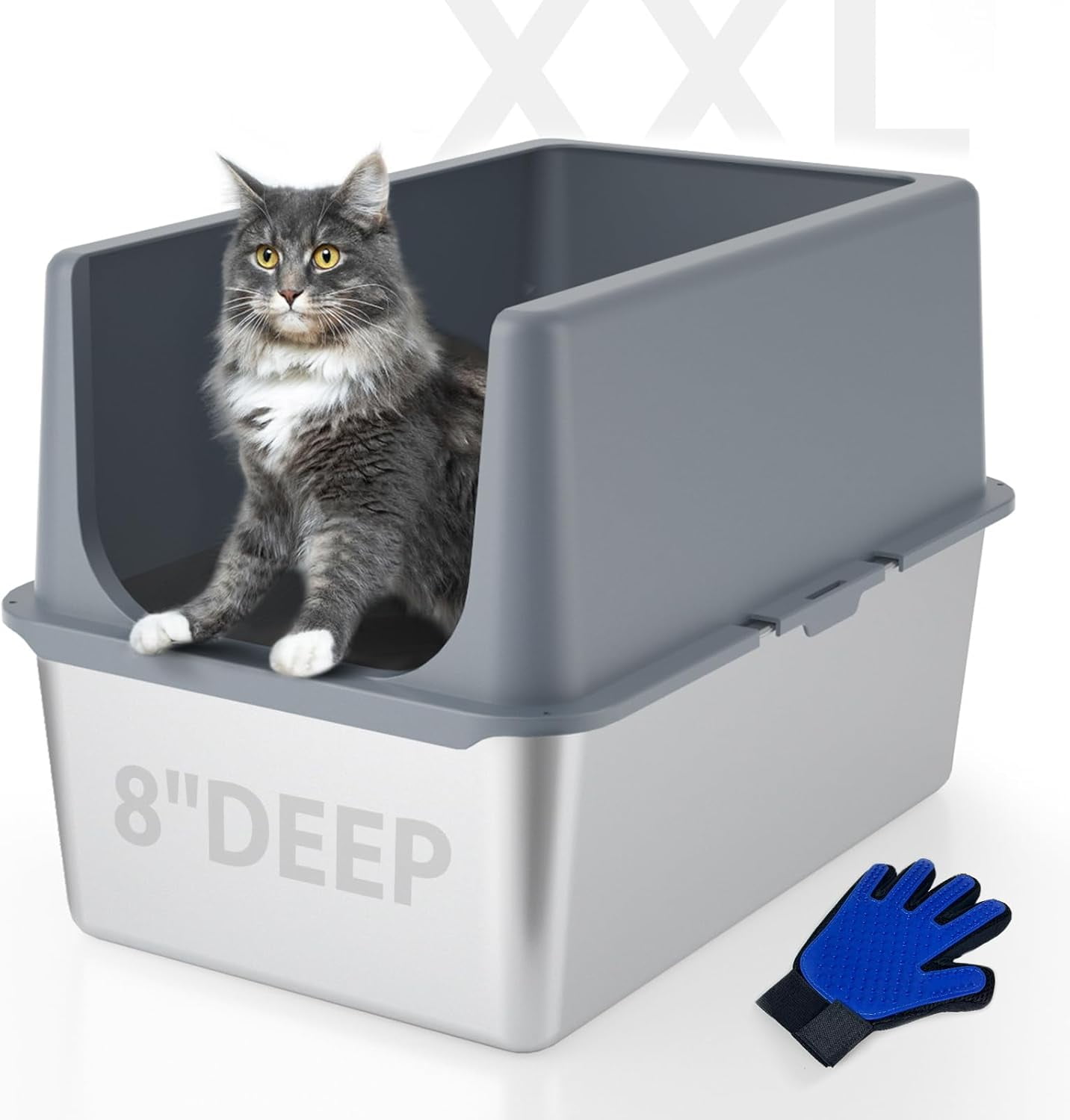 Stainless Steel Litter Box with Lid XL Metal Cat Litter Box for Indoor Cats Enclosure Cat Litter Pan for Large Cats Non Sticky Large Kitty Litter Box Anti Leakage 23.5 X 15.5 X 16