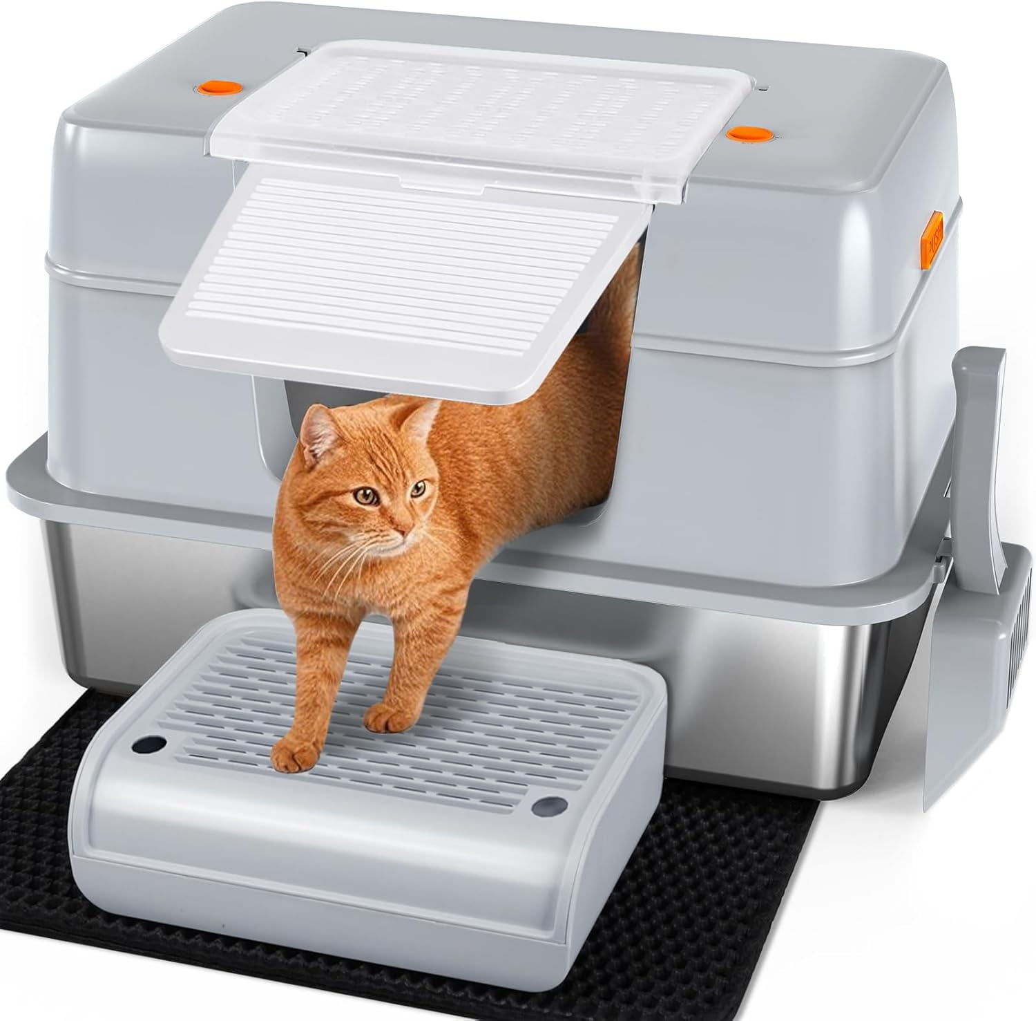 Stainless  Litter Box with Lid, XL Side Entry  Litter Box for Big Cats & Kitty, Removable Enclosed   Pan with High Sided Enclosure, Scoop, Mat, Footboard (Gray)