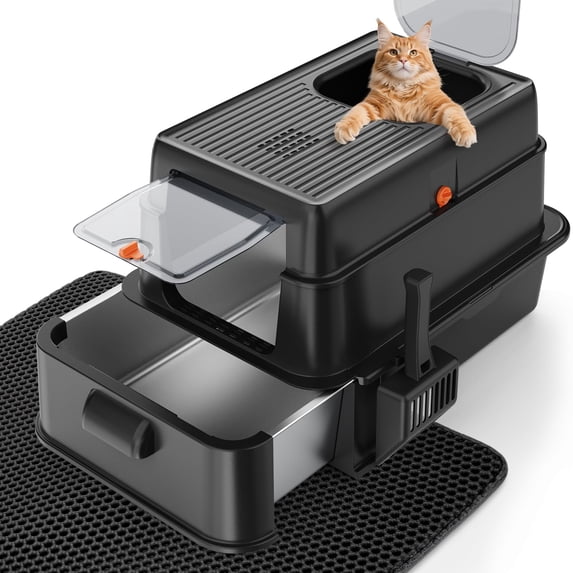 Stainless Steel Litter Box With Lid Xl Extra Large Cat For Big Cats Enclosed Drawer Metal Boxs High Sided Include Scoop & Mat Front Top Entry Odor Free Non-stick