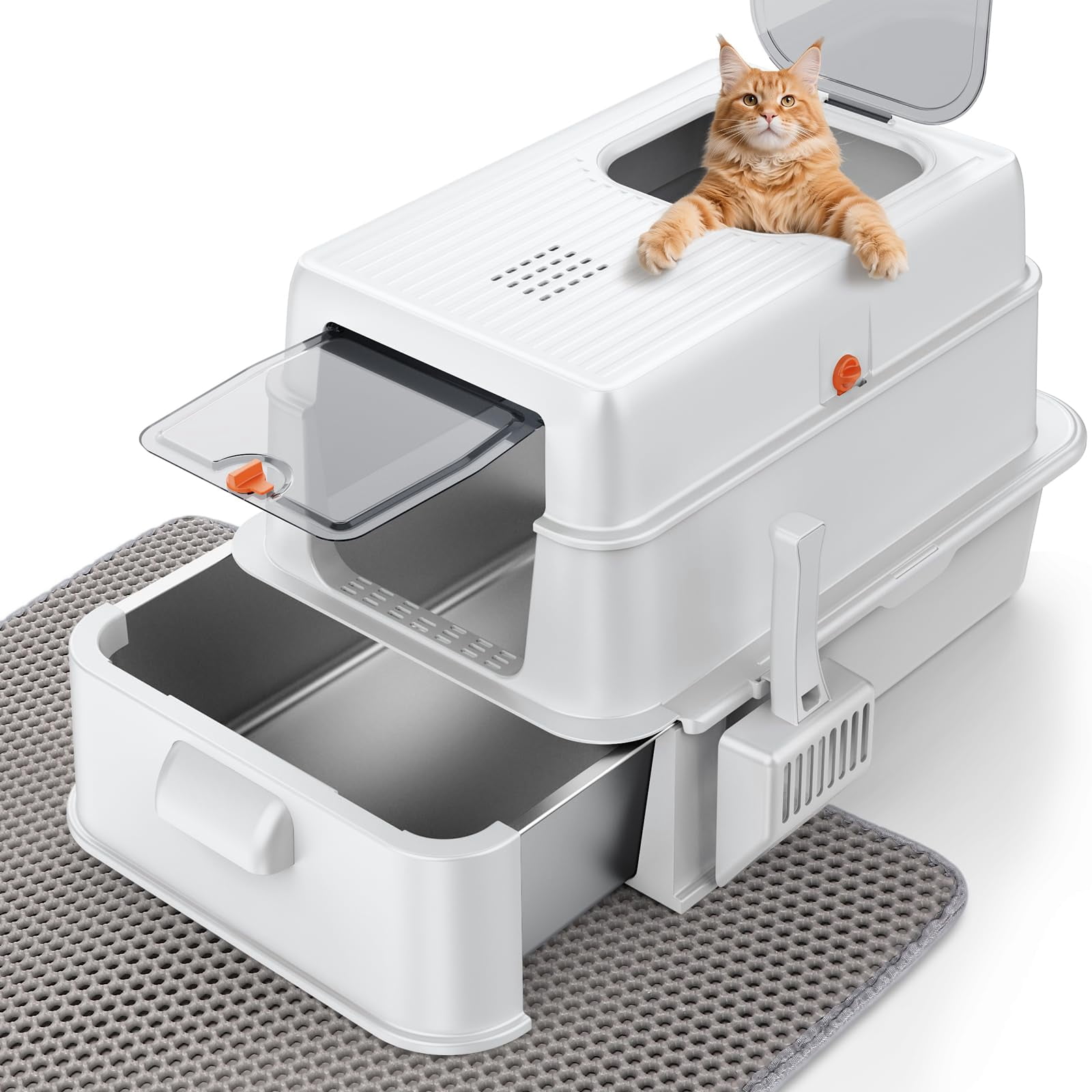 Silver Stainless Steel XL Cat Litter Box With Drawer Lid, Front Top Dual Entry