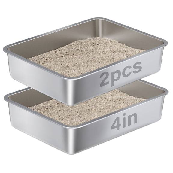 Stainless Steel Litter Box Medium-Metal Cat Litter Box Low Entry,4 inch Sided for Old Cats Kitty Kitten Odor-Proof Non-Stick Easy Clean Cat Litters Box (2 Pack)