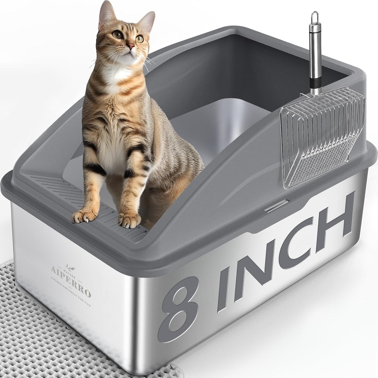 Stainless Steel Litter Box | Metal Kitty Litter Box with Lid High Sided for Small Cats or Injured Cats, Bunny Litter Boxes, Low Entry, Odor-Free, Non-Stick,Includes Scoop (Dark Gray, Small)