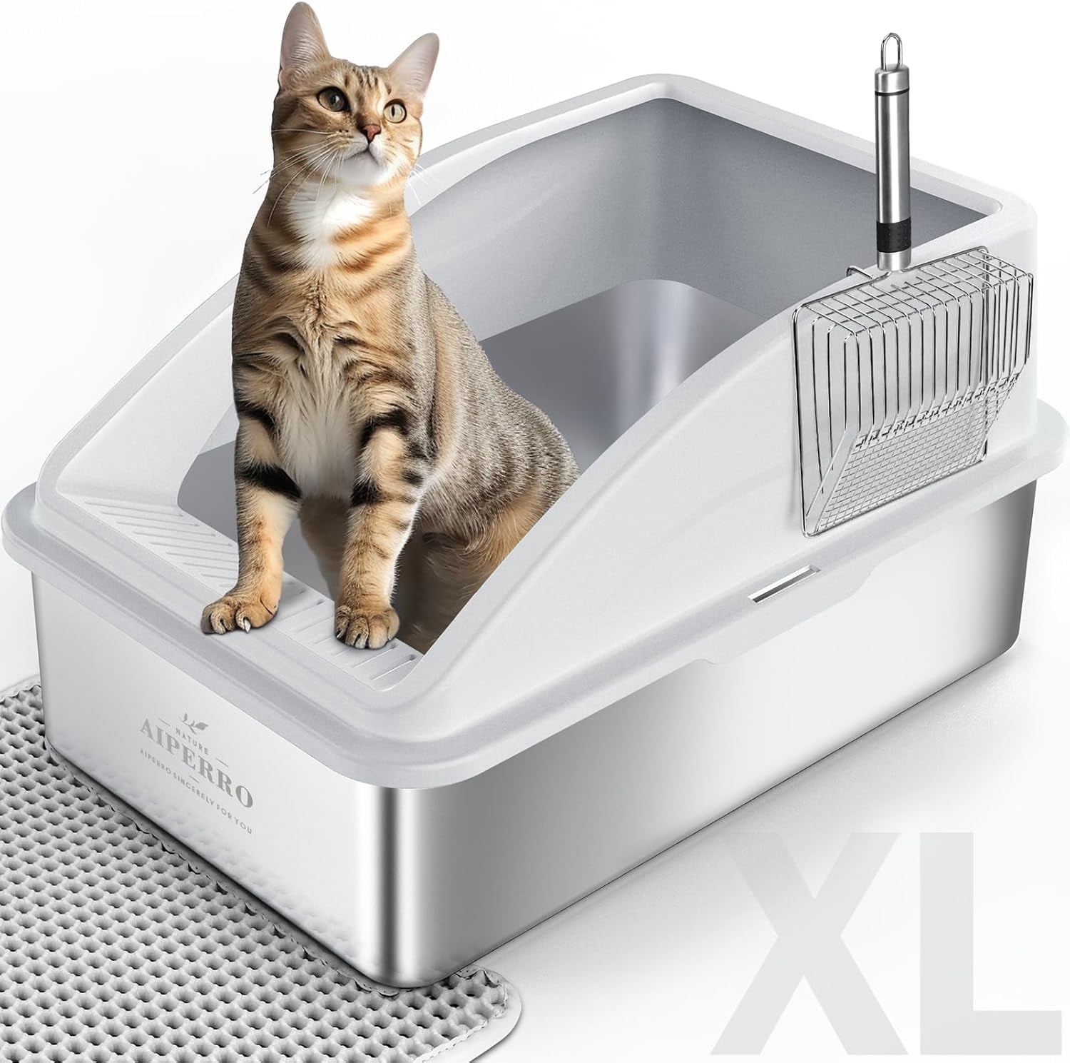 Stainless Steel Litter Box | Metal Kitty Litter Box with Lid High Sided for Small Cats or Injured Cats, Bunny Litter Boxes, Low Entry, Odor-Free, Non-Stick,Includes Scoop (Dark Gray, Small)