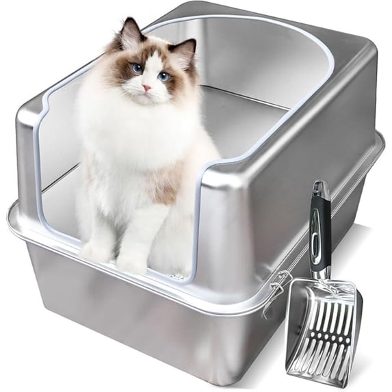 Stainless Steel Litter Box with Metal Lid and Scoop - Enclosed Metal Litter Box for Large Cats, Rust-Resistant, Odor-Control, Easy to Clean, Durable & Long-Lasting with Round Edge (L)