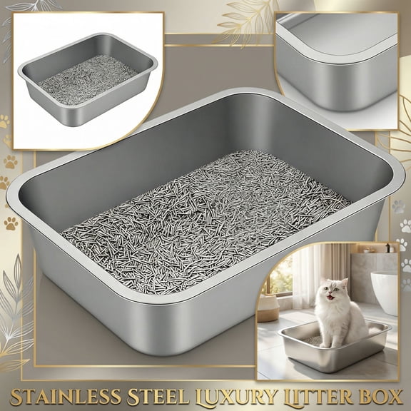 Stainless Steel Litter Box - Metal Small Cat Kitty Litter Box Pan, Indoor Low Entry Litterbox Tray, Odor-Free, Non-Stick, Easy Cleaning Pet Toilet Supplies for Kitten, Rabbit, Dog