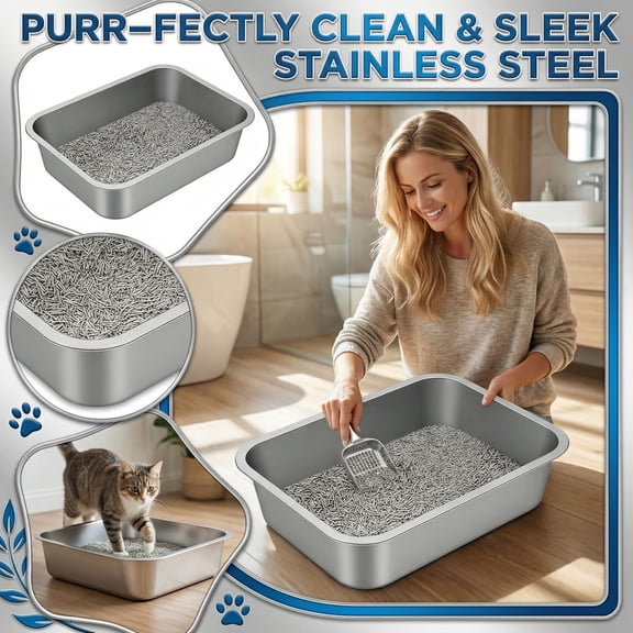 Stainless Steel Litter Box - Metal Small Cat Kitty Litter Box Pan, Indoor Low Entry Litterbox Tray, Odor-Free, Non-Stick, Easy Cleaning Pet Toilet Supplies for Kitten, Rabbit, Dog
