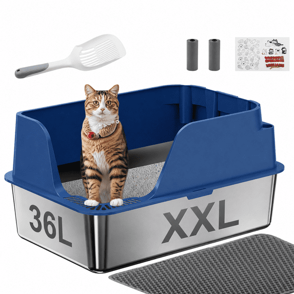 Stainless Steel Cat Litter Box with Lid, XL Side Opening, Splash-Proof and Leak-Proof Seal, Non-Stick, Easy-Clean and Durable for Multiple Cats, Blue
