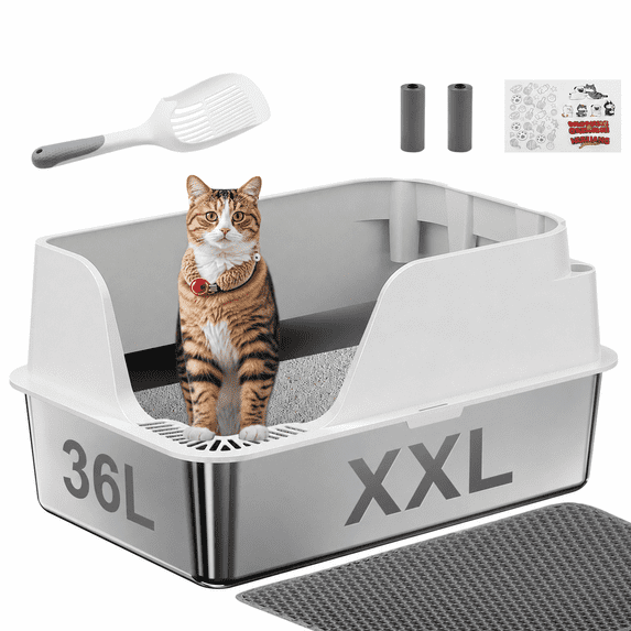Stainless Steel Litter Box, Cat Litter Box Non-stick, Splash-Proof, Leak-Proof, Extra Large Litter Box for Multi-Cats, White