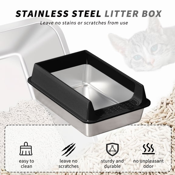 Stainless Steel Litter Box, Semi Enclosed High Side Cat Litter Box, Top Entry Litter Boxs for Senior Cats, Leak-Proof, Non-Sticky, Ideal for Indoor Cats Kitten, Black/L