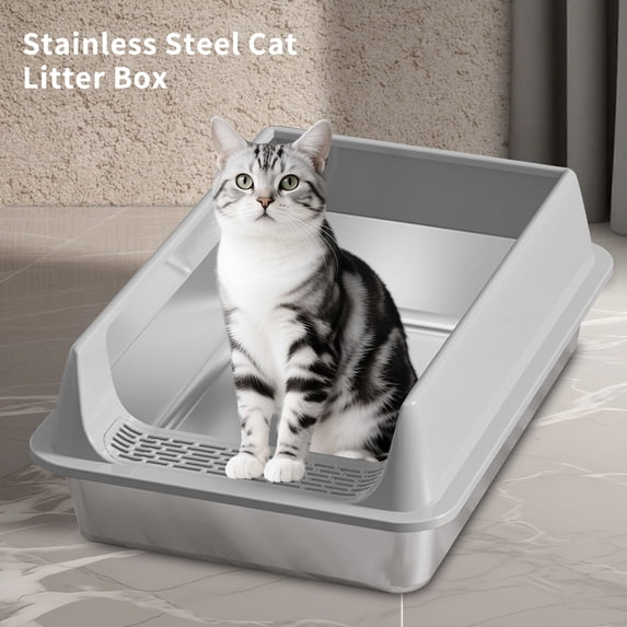 Stainless Steel Litter Box, Semi Enclosed High Side Cat Litter Box, Top Entry Litter Boxs for Senior Cats, Leak-Proof, Non-Sticky, Ideal for Indoor Cats Kitten, Gray/L