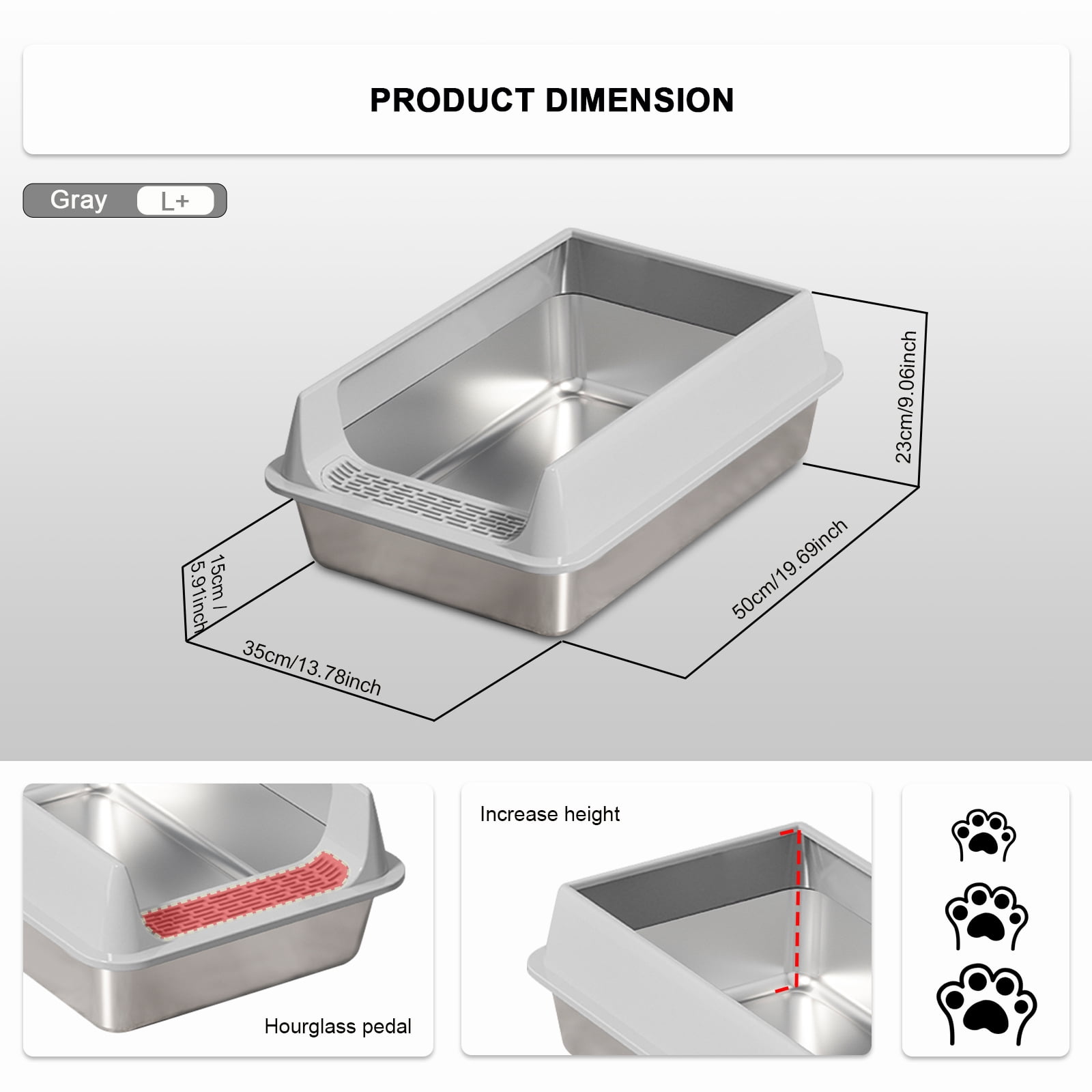 Stainless Steel Litter Box, Semi Enclosed High Side Cat Litter Box, Top Entry Litter Boxs for Senior Cats, Leak-Proof, Non-Sticky, Ideal for Indoor Cats Kitten, Gray/L