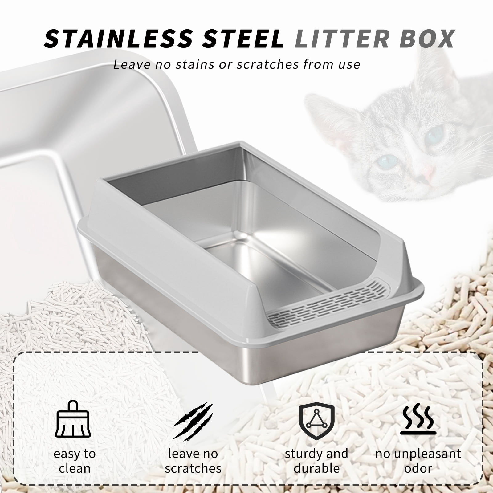 Stainless Steel Litter Box, Semi Enclosed High Side Cat Litter Box, Top Entry Litter Boxs for Senior Cats, Leak-Proof, Non-Sticky, Ideal for Indoor Cats Kitten, Gray/XL