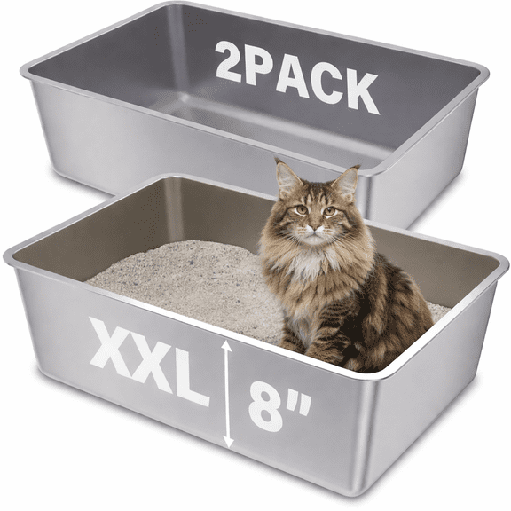2 Pcs Stainless Steel Litter Box Set, Bug Hull Open Top Cat Litter Box with High Sides, Easy to Clean, 23.6" x 15.6" x 8"