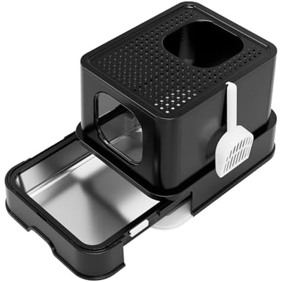 Stainless Steel Litter Box: Spacious Enclosed Design with Easy-Clean Drawer - Dual Entry with Top Exit and Door - Black Leak-Proof & Odor-Free Tray for Cats in Garage Basement