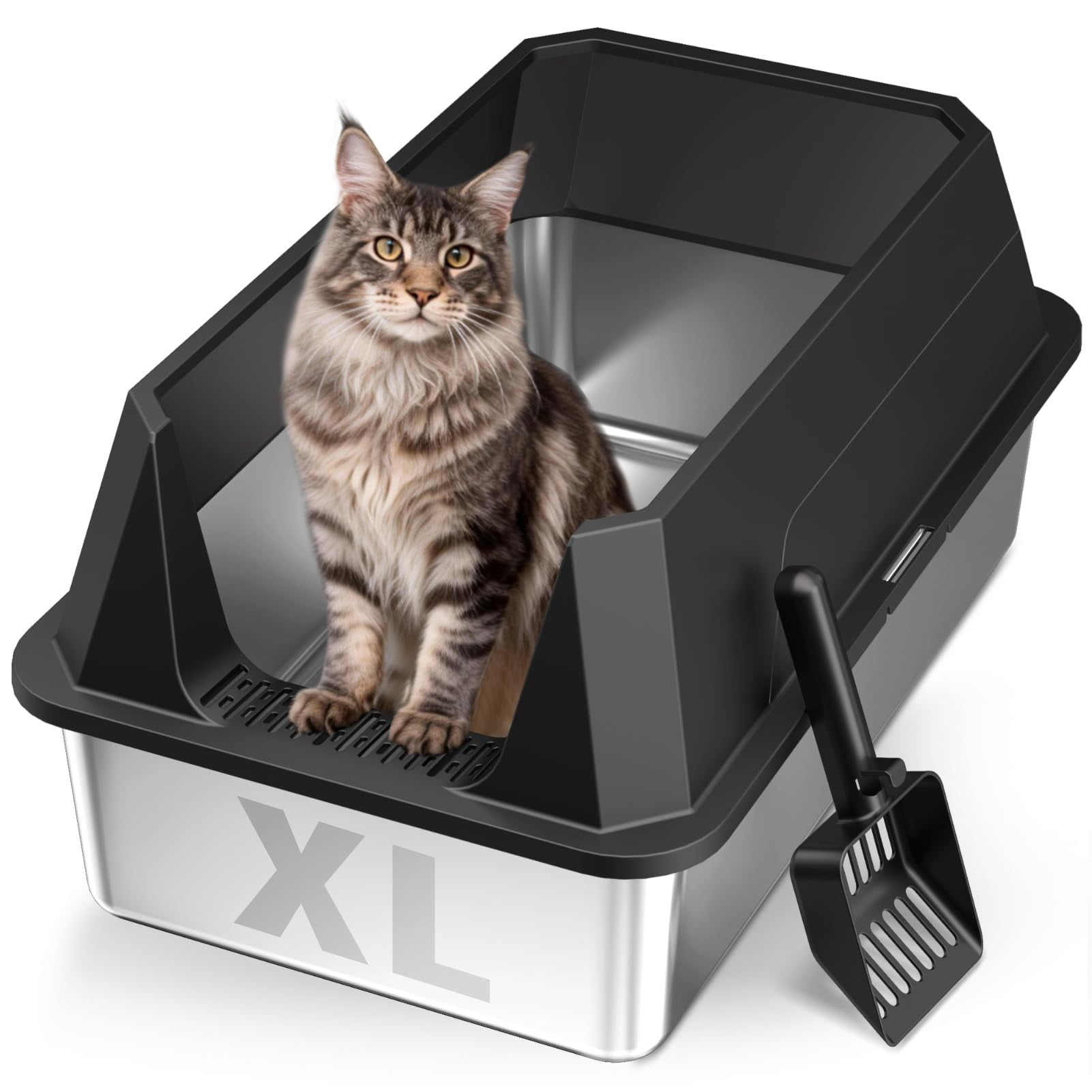 Stainless Steel Litter Box With High Sides Lid  Xl Sided Cat Pan Open Top Extra Large Metal Non-stick Leakproof Scoop Included Black
