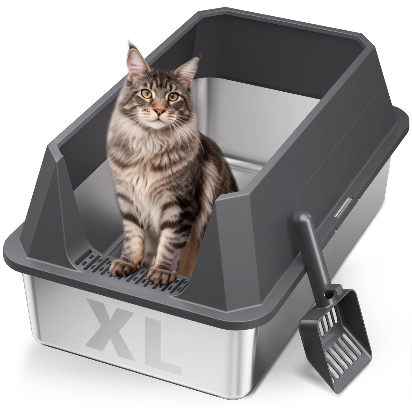 Stainless Steel Litter Box With High Sides  Xl Sided Cat Pan Open Top Extra Large Metal Non-stick Odor Free Leakproof Scoop Included Gray