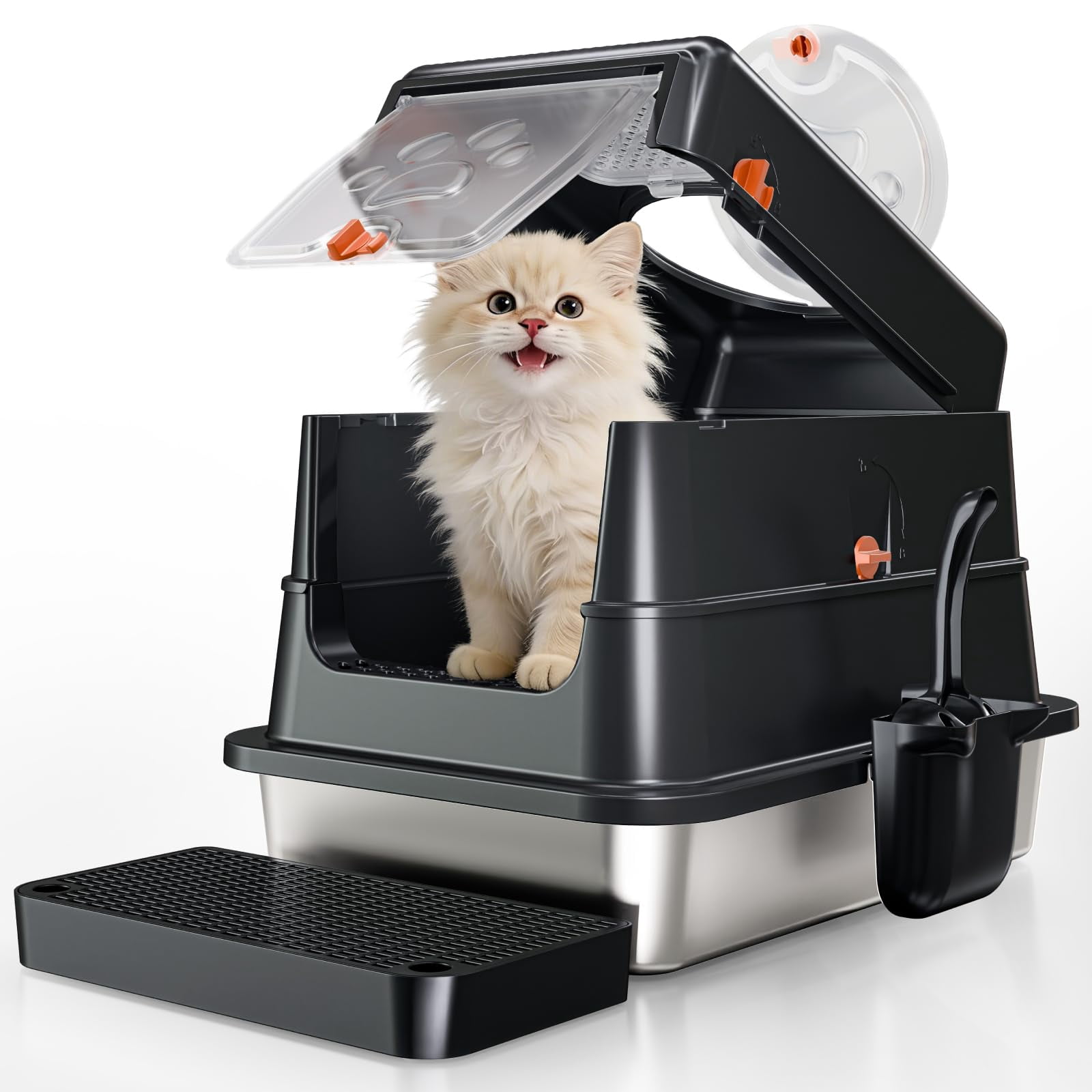 Black Small Stainless Steel Cat Litter Box With Flip Lid