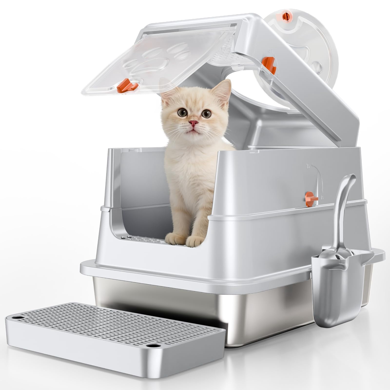 Stainless Steel Litter Box With Lid  Medium Enclosed Tray High Sided Grey