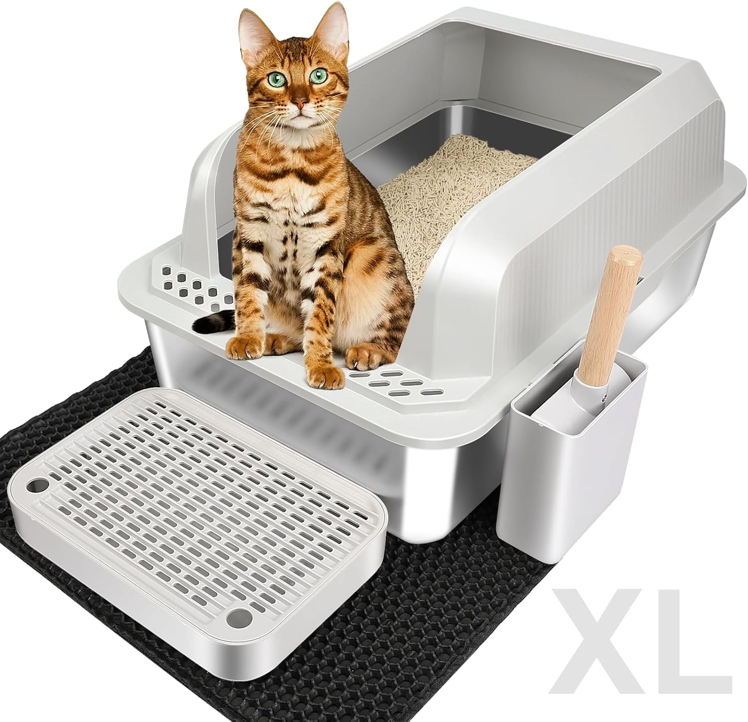 Stainless Steel Litter Box, XL Cat Litter Box with Lid, Non-Stick and Anti-Leakage Extra Large High Sided Metal Litter Pan for All Cats, Easy Cleaning & Odor-Free Design (Light Gray)