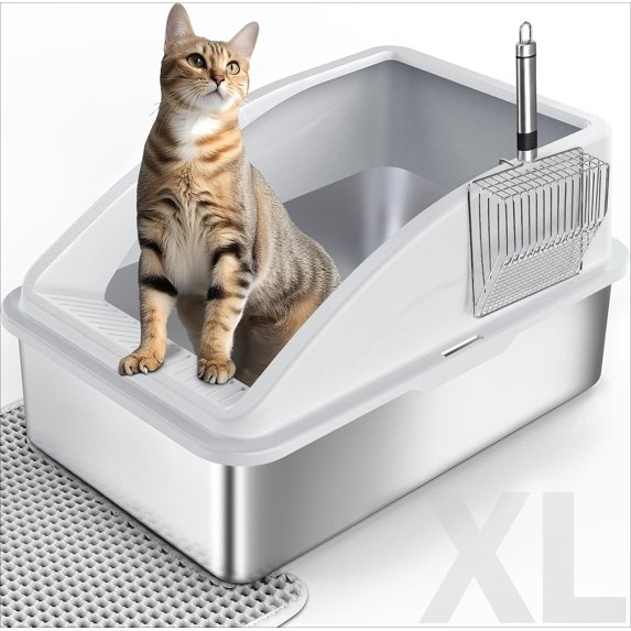 Stainless Steel Litter Box | XL Enclosed Cat Litter Boxs with Lid for Big Cats | High Sided, Anti-Urine Leakage | Non-Stick Bottom & Includes Litter Mat & Metal Scoop