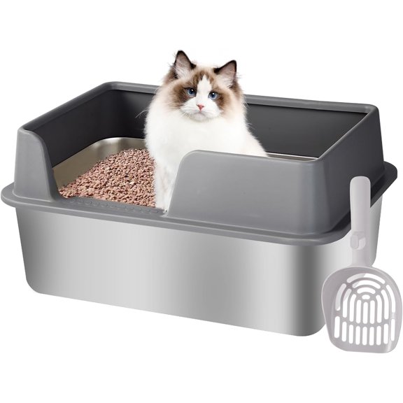 Stainless Steel Litter Box XL, Metal Cat Litter Box with Scoop, Large Stainless Steel Cat Litter Box High Sides, Metal Litter Pan Tray for Large Cats, Non-Sticky, Anti-Leakage, Easy Cleaning