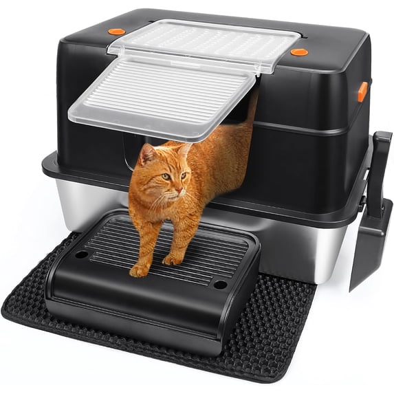 Stainless Steel Litter Box, XL Side Entry Extra Large Litter Box with Lid for Big Cats & Kitty, Removable Enclosed Metal Cat Pan with High Sided Enclosure, Scoop, Mat, Footboard (Black)