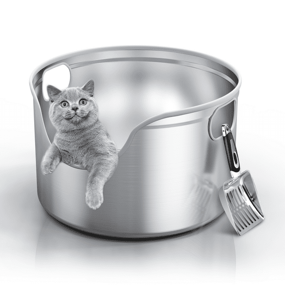 Stainless Steel Litter Box, XL/XXL for Big & Multi Cats: 12" High-Wall, High-Side, Integrated Round, Odor-Control, Easy-Clean, Durable MetalIncludes Stainless-Steel Scoop