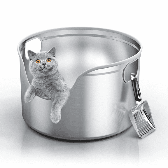 Stainless Steel Litter Box, XL/XXL for Big & Multi Cats: 12" High-Wall, High-Side, Integrated Round, Odor-Control, Easy-Clean, Durable Metal—Includes Stainless-Steel Scoop