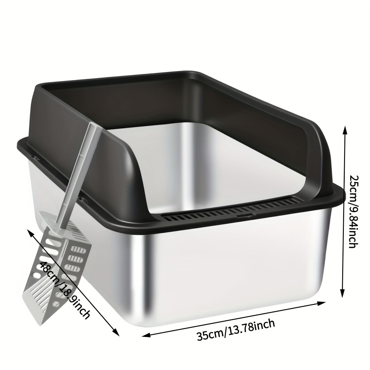 Stainless Steel Litter Box for Cats, Medium & Large Metal Litter Pan with High Walls, Non-Stick, Anti-Leak, Easy Clean Indoor  Toilet Tray with Scoop