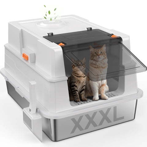 XXXL Cat Litter Box, Giant Enclosed Cat Litter Boxes for Big Cats, Extra Large Litter Box for Multiple Cats, Metal Cat Litter Box with Scoop, Silver Gary