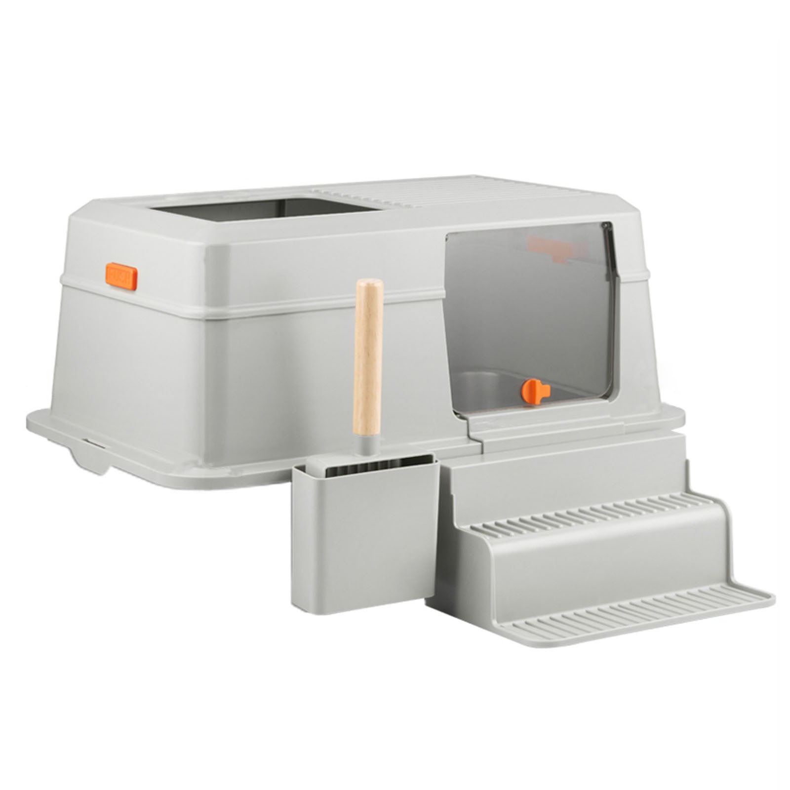 Stainless Steel Litter Box with Lid, Front Entry Top Exit Kitty Litter Box, Easy Clean Metal Kitty Litter Box with Litter Scoop and Climbing Ladder