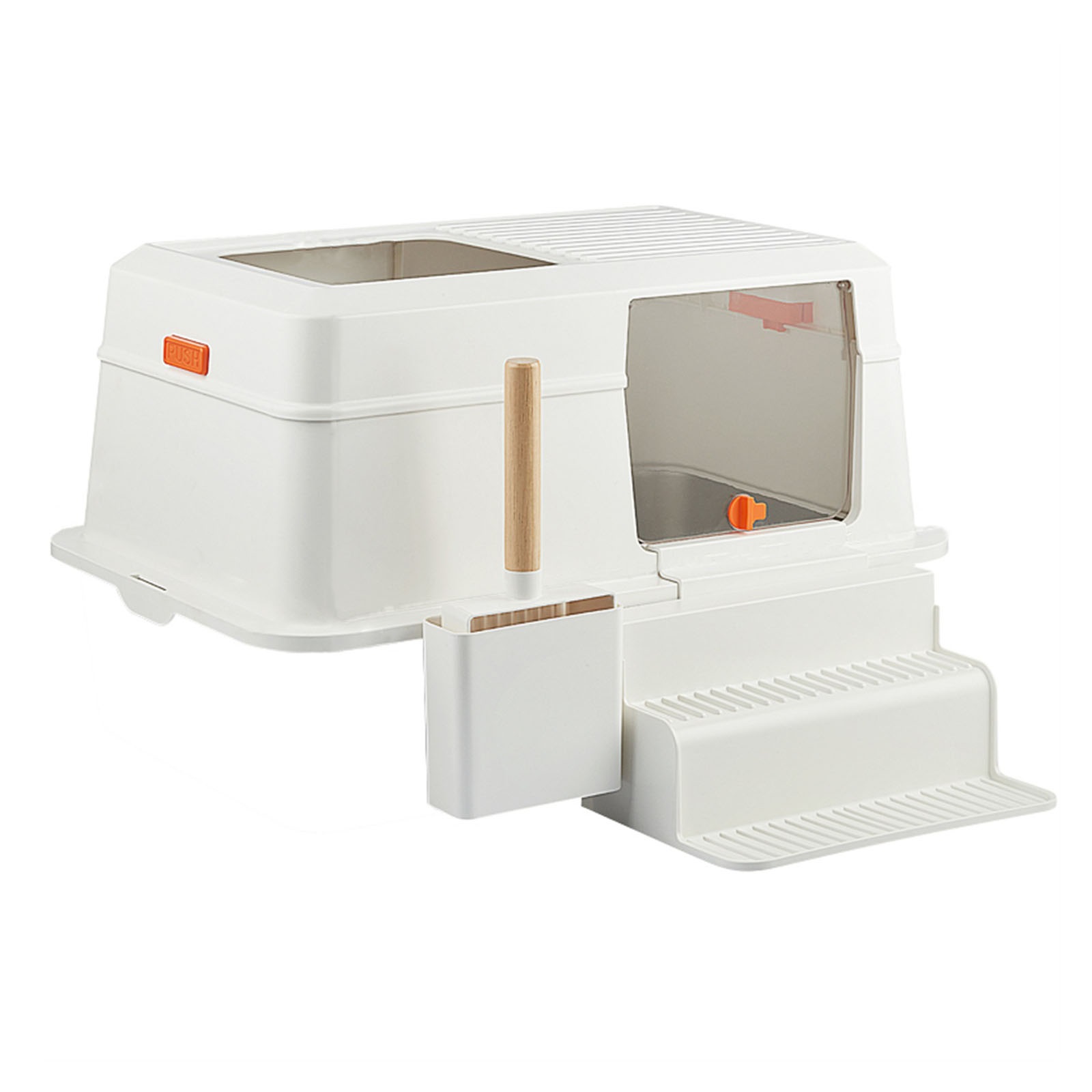 Stainless Steel Litter Box with Lid, Front Entry Top Exit Kitty Litter Box, Easy Clean Metal Kitty Litter Box with Litter Scoop and Climbing Ladder
